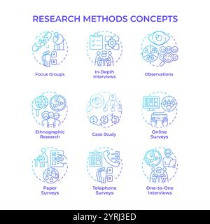 Research methods blue gradient concept icons Stock Vector