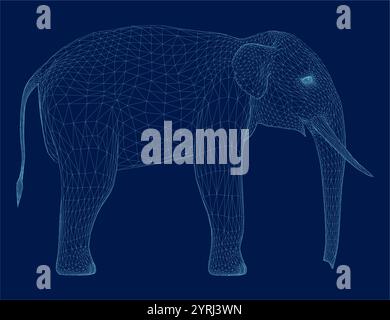 Elephant isolated from low poly wireframe on blue background. African and indian animal. Vector abstract polygonal image mash line. Digital graphics. Stock Vector