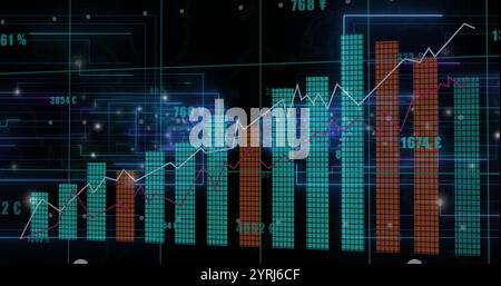 Image of diagrams and light trails over data processing Stock Photo