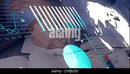 Image of financial data processing over hands of caucasian businessman taking notes in office Stock Photo