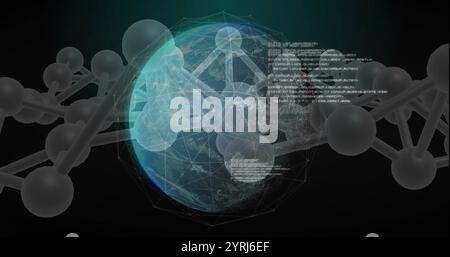 Image of digital data processing, globe over dna strand spinning Stock Photo