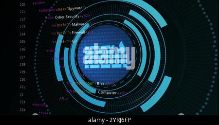 Firewall and cybersecurity image over binary code and digital interface Stock Photo