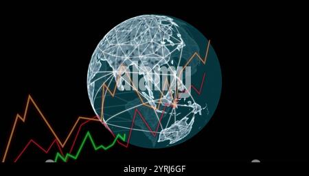 Image of globe spinning over diagrams Stock Photo