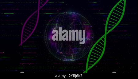 Image of digital data processing, globe over dna strand spinning Stock Photo