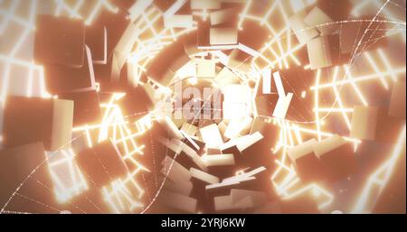 Rotating cubes and glowing grid forming tunnel image Stock Photo