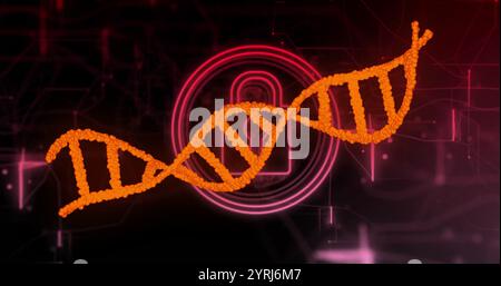 DNA strand image over digital lock and circuit background Stock Photo
