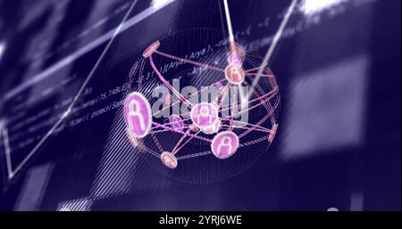 Network of connections and data processing image over computer code Stock Photo