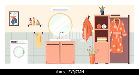 Functional bathroom interior with sink, round mirror, towels and bathrobe, washing machine and storage shelves. Design for home decor, lifestyle Stock Vector