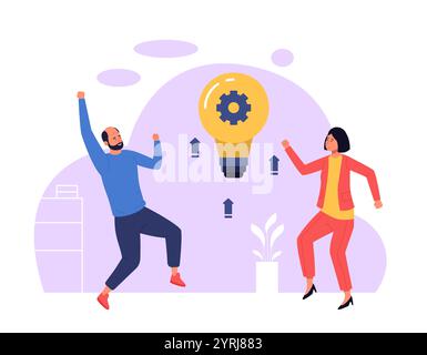 Two managers celebrating successful idea symbolized by light bulb and a gear icon. Dynamic teamwork and innovation concept for progress and success Stock Vector