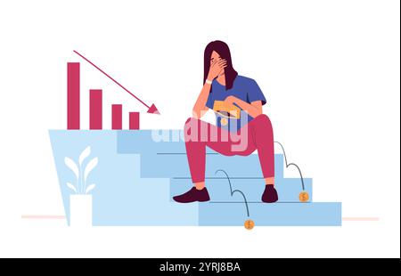 Distressed woman sitting on stairs holding empty wallet with falling coins and declining graph symbolizing bankruptcy, financial loss and economic Stock Vector