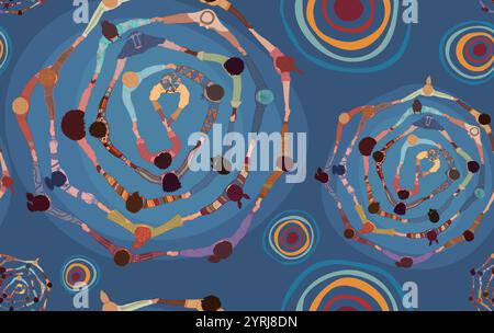 Backdrop seamless pattern with group of diverse people in a circle from different cultures holding hands. Racial equality. Top view. Community Stock Vector