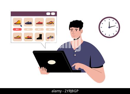 Man shopping for shoes online using laptop with digital store interface displaying footwear options. Modern concept of consumer convenience in e Stock Vector