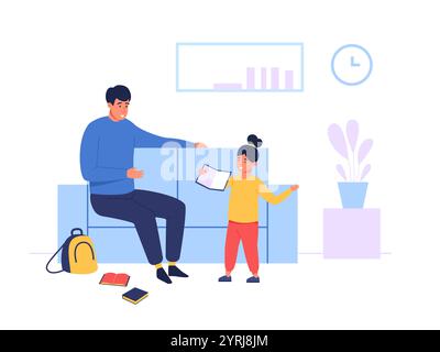 Father and daughter in living room sharing learning moment with books and school supplies. Family bonding, education and home learning concept. Flat Stock Vector