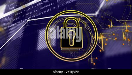 Lock symbol and security code image over abstract digital background Stock Photo