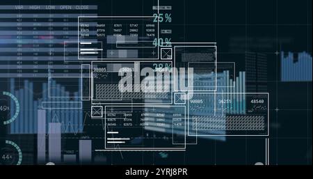 Image of interface screens, charts and data processing on black background Stock Photo