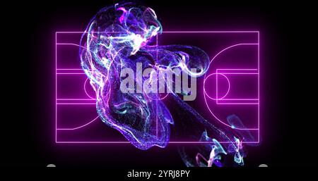 Abstract neon shapes image over basketball court lines on black background Stock Photo
