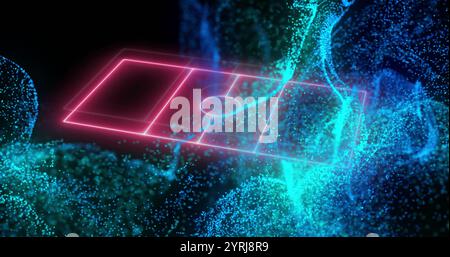 Digital soccer field image over abstract blue and green particles Stock Photo