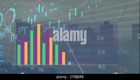 Image of colourful graph over charts and data processing on grey background Stock Photo