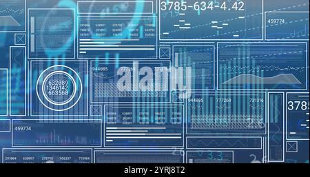 Image of interface screens, charts and data processing on blue background Stock Photo
