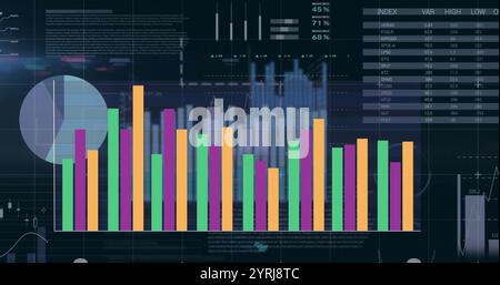 Image of colourful graph over charts and data processing on black background Stock Photo