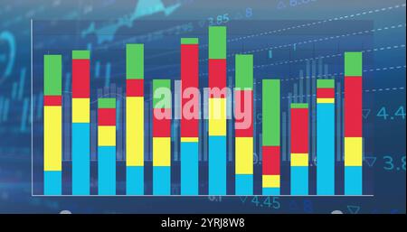 Image of colourful graph over charts and data processing on blue background Stock Photo