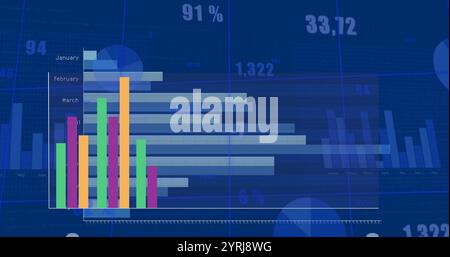 Image of colourful graph over charts and data processing on blue background Stock Photo