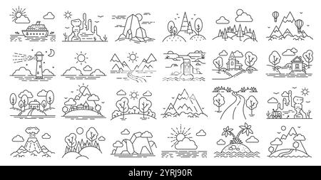 Linear landscapes of mountains, forests and rivers, trees and houses, hot air balloon and desert. Cruise ship, lighthouse and volcanoes. Ideal for Stock Vector