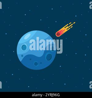 Fired Asteroid In Collision With Planet. Meteor impact on blue planet. Vector illustration Stock Vector