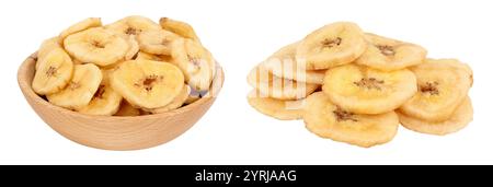 Dried banana chips in wooden bowl isolated on white background with full depth of field Stock Photo