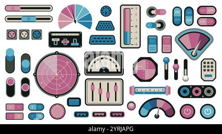 Retro control panel elements. Analog dashboard interface with measurement indicators, volume level sliders, knobs and dials. Vector 70s-80s technology Stock Vector