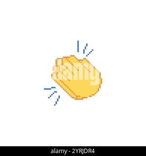 Pixel art clapping hands icon in yellow with motion lines. Retro-style applause gesture illustration in minimalist pixel design. Stock Vector