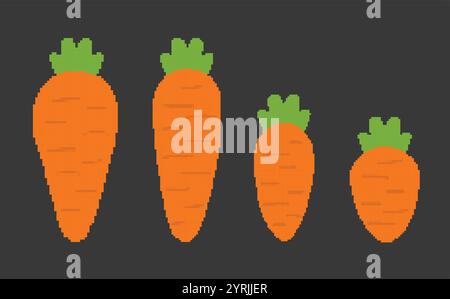 Pixel carrots vegetable orange retro icon. Simple vegetable design featuring orange carrots with green tops Stock Vector