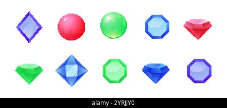 Pixel gemstone set. Vibrant jewels retro-style pixel diamond ruby design sapphire. Stock Vector
