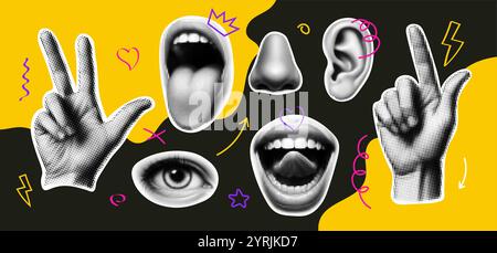 Pop art collage human face hands. Pop art collage halftone effect vibrant yellow modern mouth eye nose design. Stock Vector