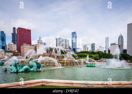 Chicago, IL USA - July 22, 2017: Buckingham Fountain in Grant Park is one of the largest fountains in the world. Stock Photo