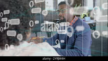 Image of ai chat over diverse colleagues discussing work in office Stock Photo
