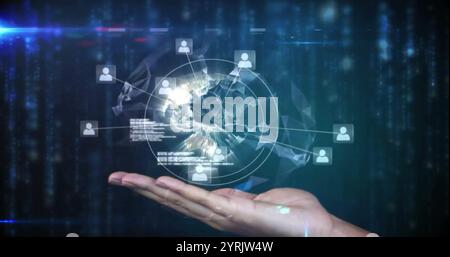 Image of hand holding globe with data processing on black background Stock Photo