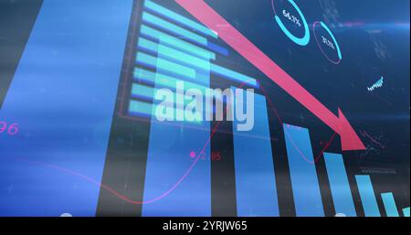 Declining bar chart and red arrow image over financial data Stock Photo