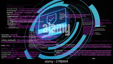 Cybersecurity shield icon with programming code image over circular digital interface Stock Photo