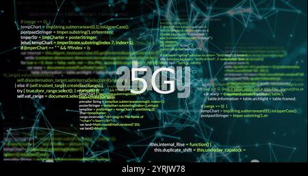 5G text image over digital network and programming code background Stock Photo