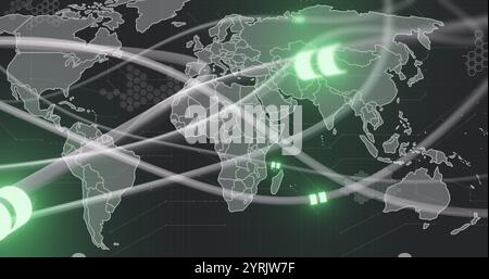 Global data transfer image over world map with green glowing nodes Stock Photo