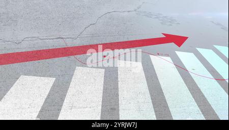 Red upward arrow and line graph image over bar chart on textured background Stock Photo