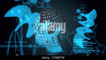 Binary code sphere and molecular structures, scientific data processing image Stock Photo