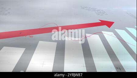 Rising red arrow and bar graph with data points image over gray background Stock Photo