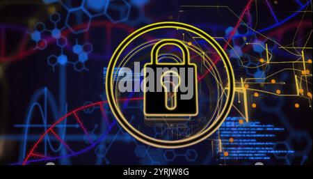 Lock symbol and cybersecurity image over digital data and network connections Stock Photo
