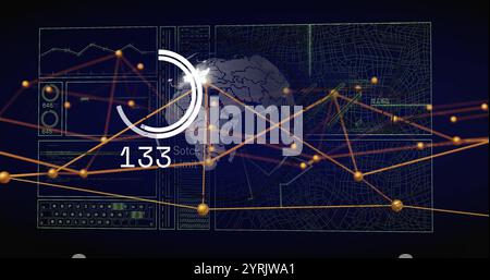 Data visualization image over world map and graphs with numerical indicators Stock Photo