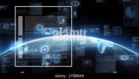 Digital data and algorithm text image over Earth viewed from space Stock Photo