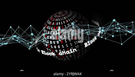 Blockchain and binary code image over rotating globe with network connections Stock Photo