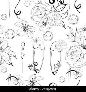 Sewing tools - scissors, needle, tape measure and pins. Seamless pattern with flowers, background. Handcraft in retro style. Vintage old fashion Stock Vector