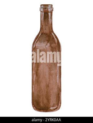 Watercolor empty, brown glass bottle or jar. Hand-drawn boho ...